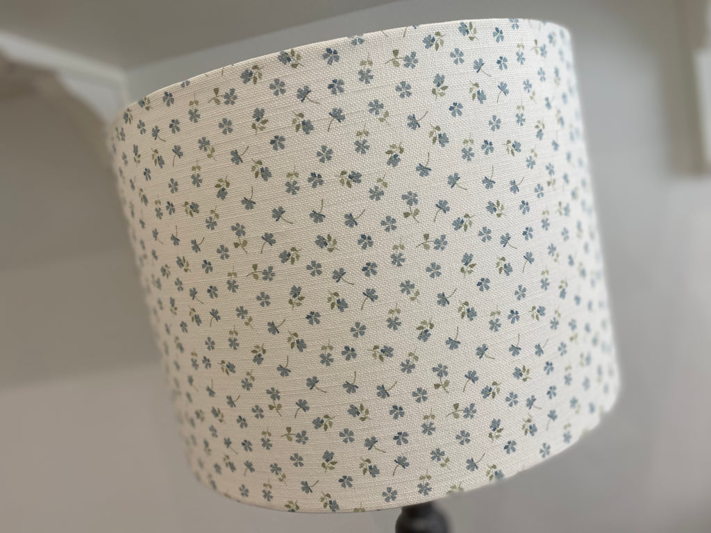 Lampshade - Linen & Rose Ditsy Blue on white linen - 20cm drum lampshade