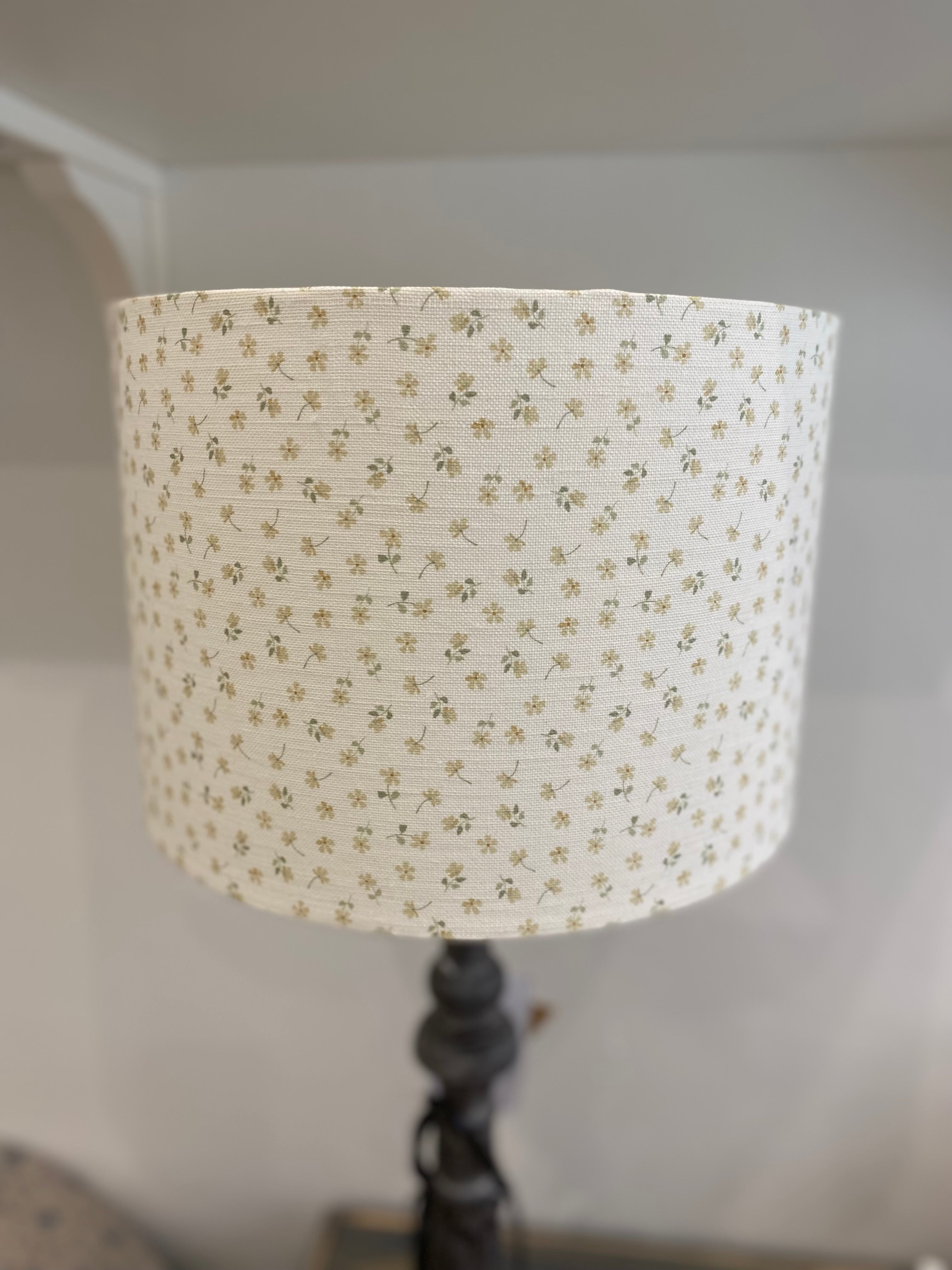 Lampshade - Linen and Rose Ditsy Straw on White - 30cm Drum