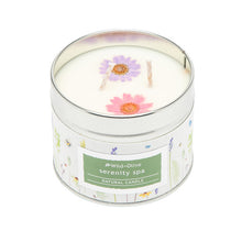 Load image into Gallery viewer, Serenity Spa Artisan Candle tin with pressed flowers - Wild Olive
