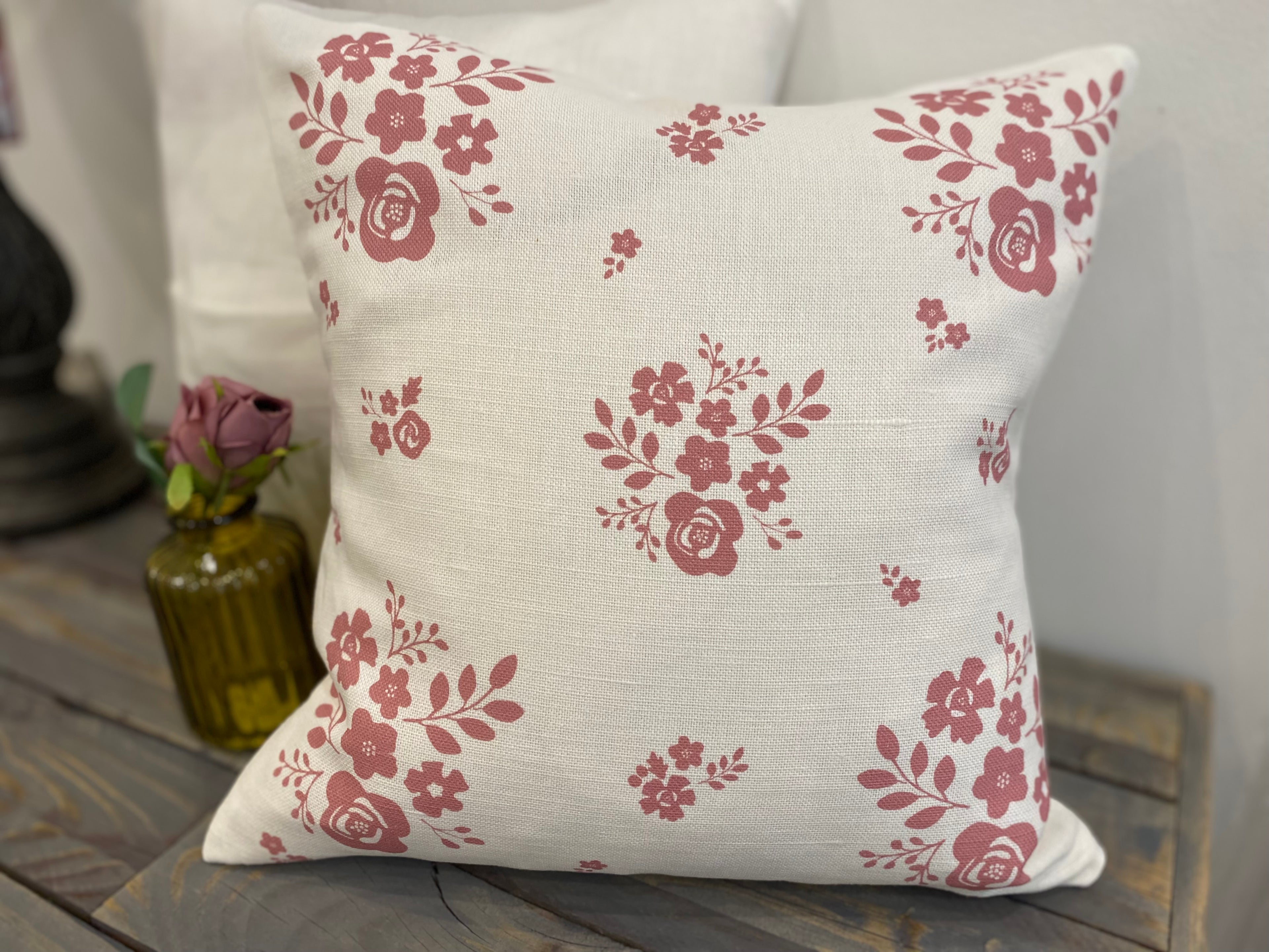 Cushion Cover - Linen and Rose Damson Rose pink on white - 32cm x 32cm