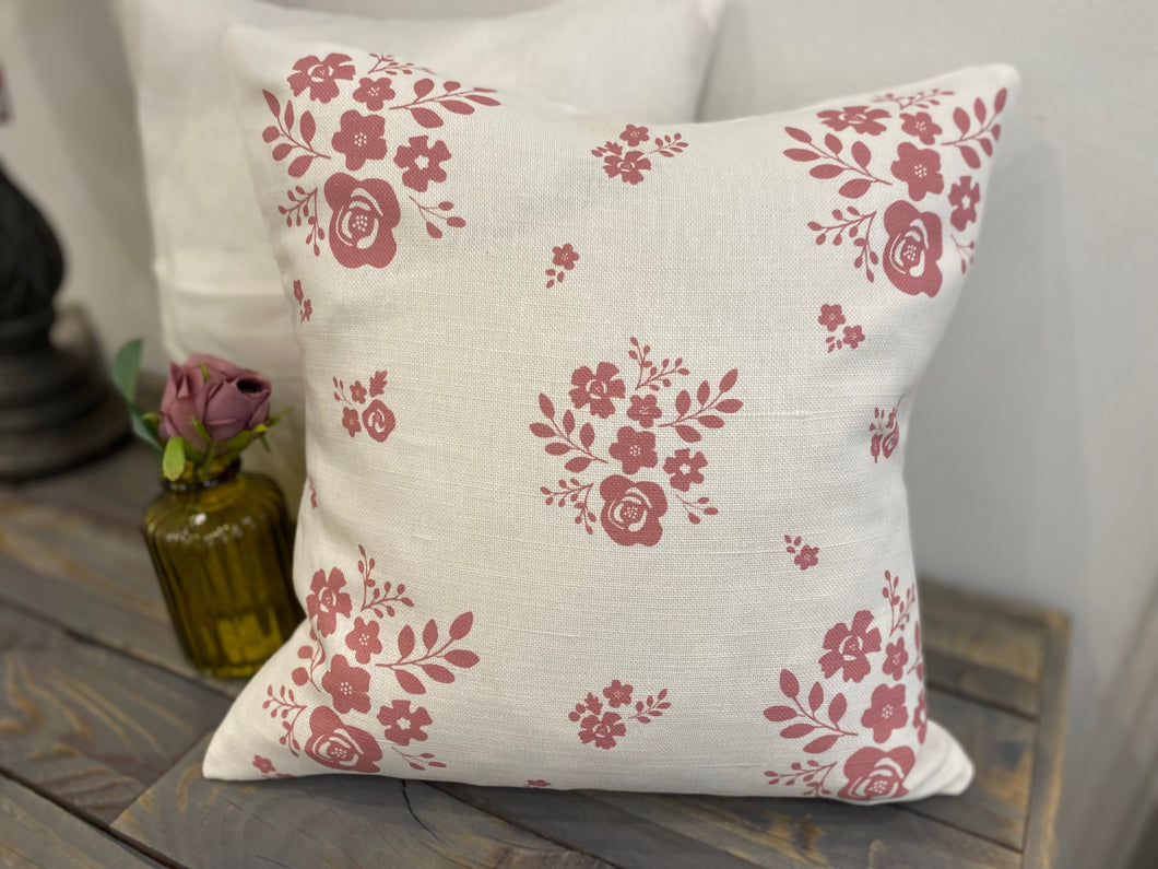 Cushion Cover - Linen and Rose Damson Rose pink on white - 32cm x 32cm