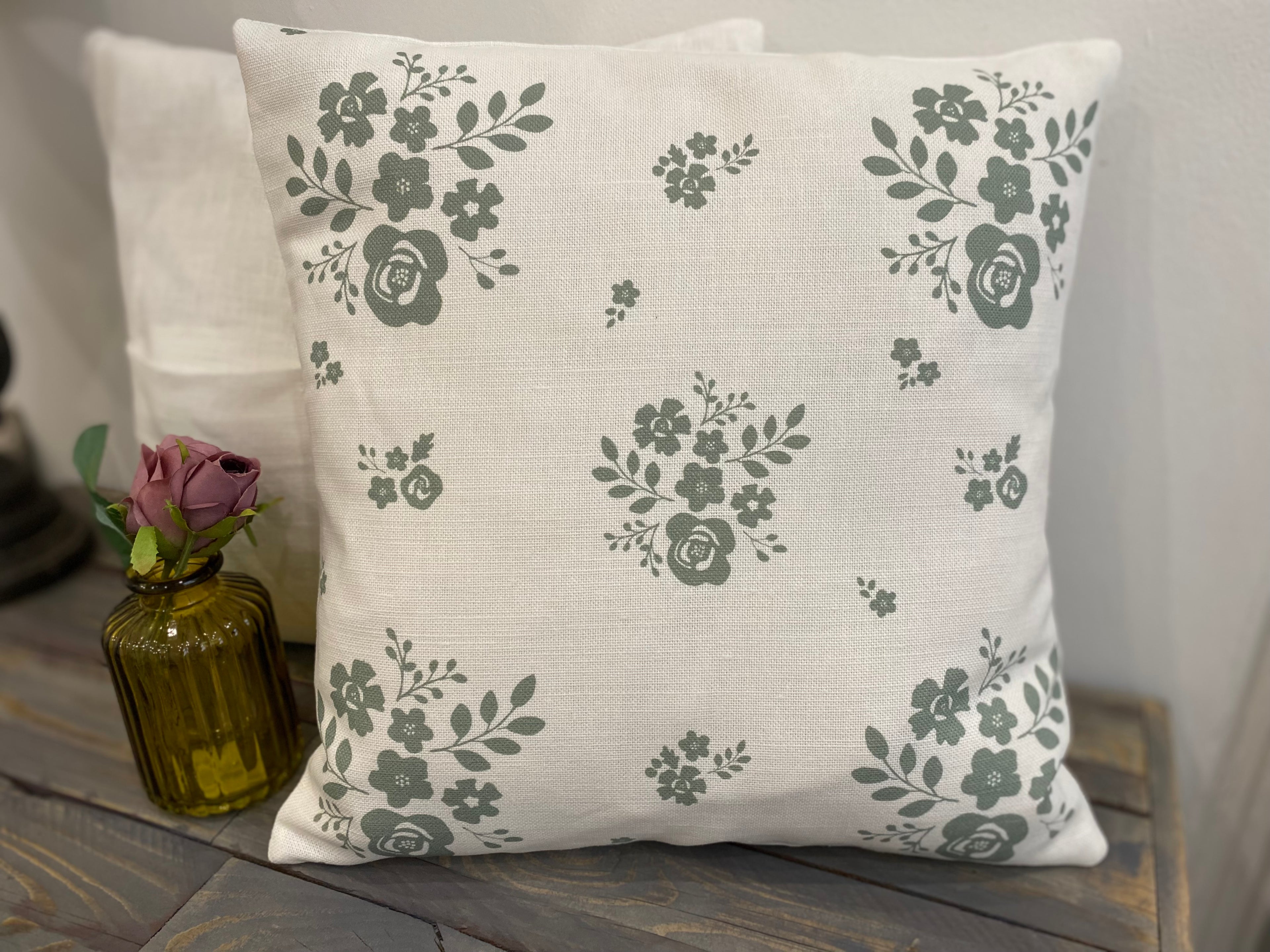 Cushion Cover - Linen and Rose Damson Sea Green on white - 32cm x 32cm