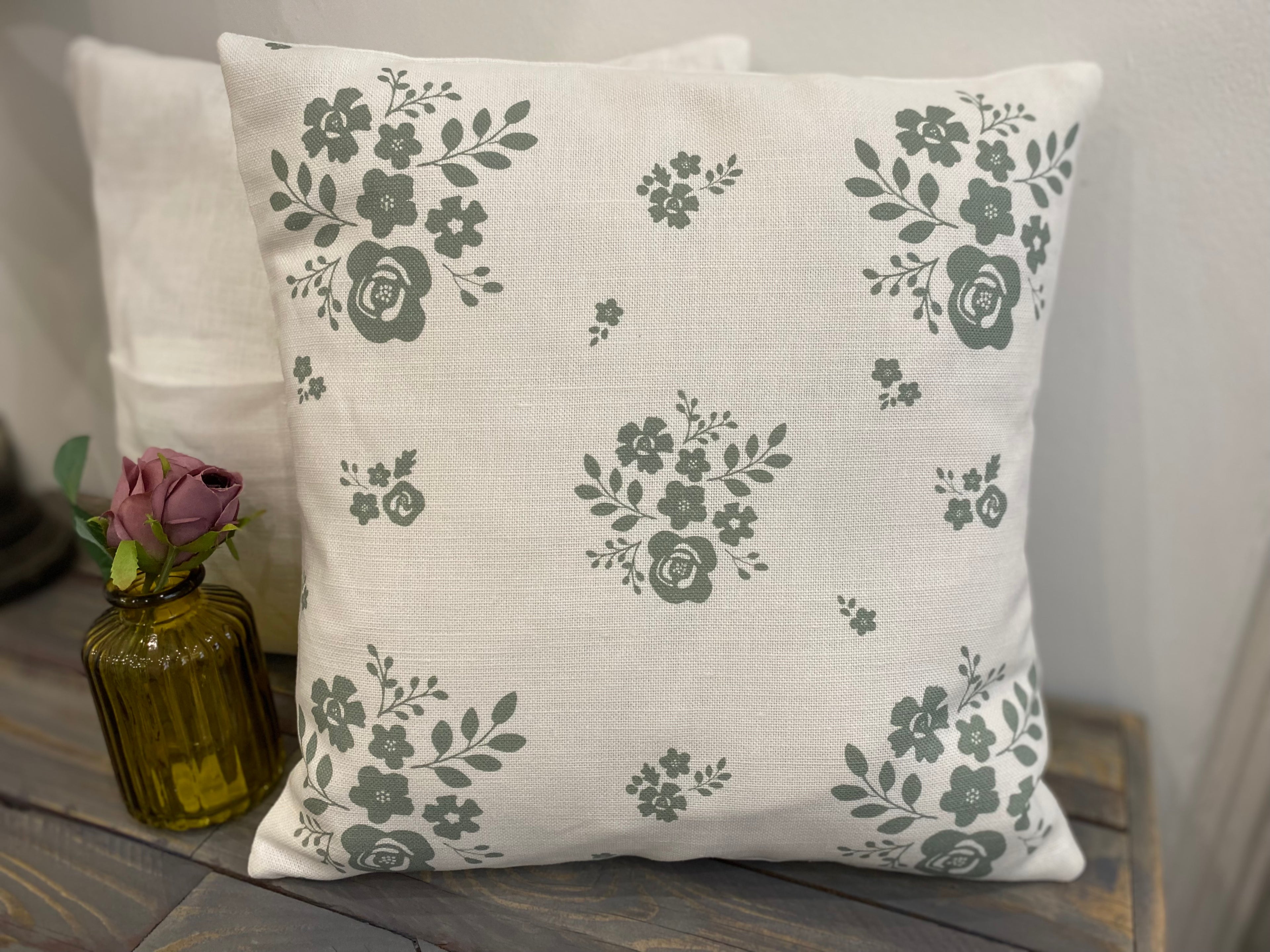 Cushion Cover - Linen and Rose Damson Sea Green on white - 32cm x 32cm