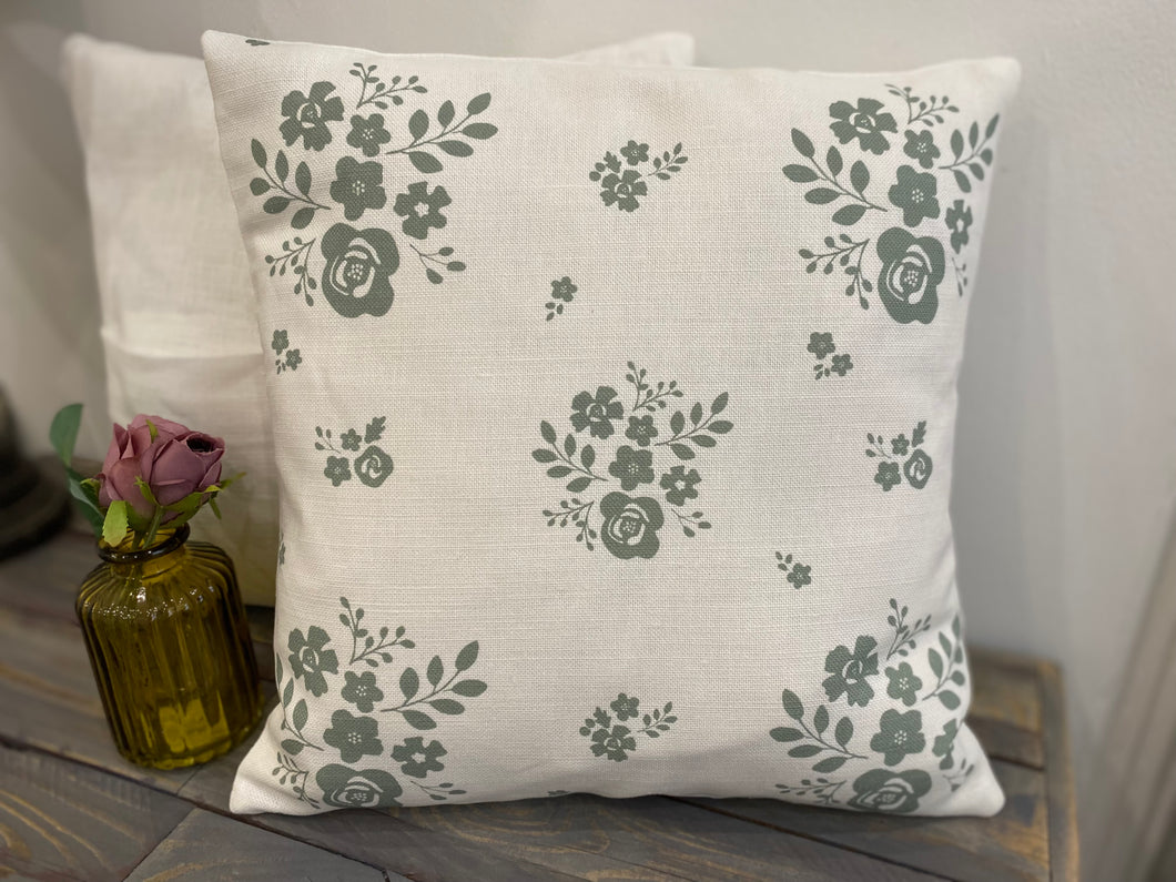 Cushion Cover - Linen and Rose Damson Sea Green on white - 32cm x 32cm