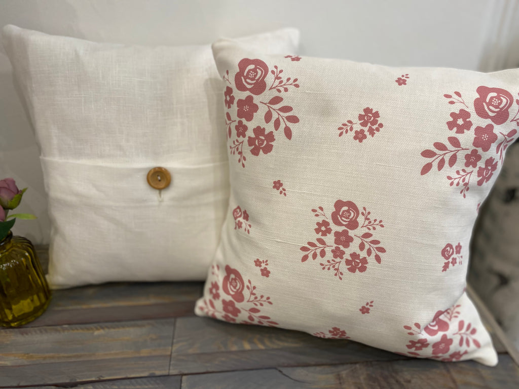 Cushion Cover - Linen and Rose Damson Rose pink on white - 32cm x 32cm