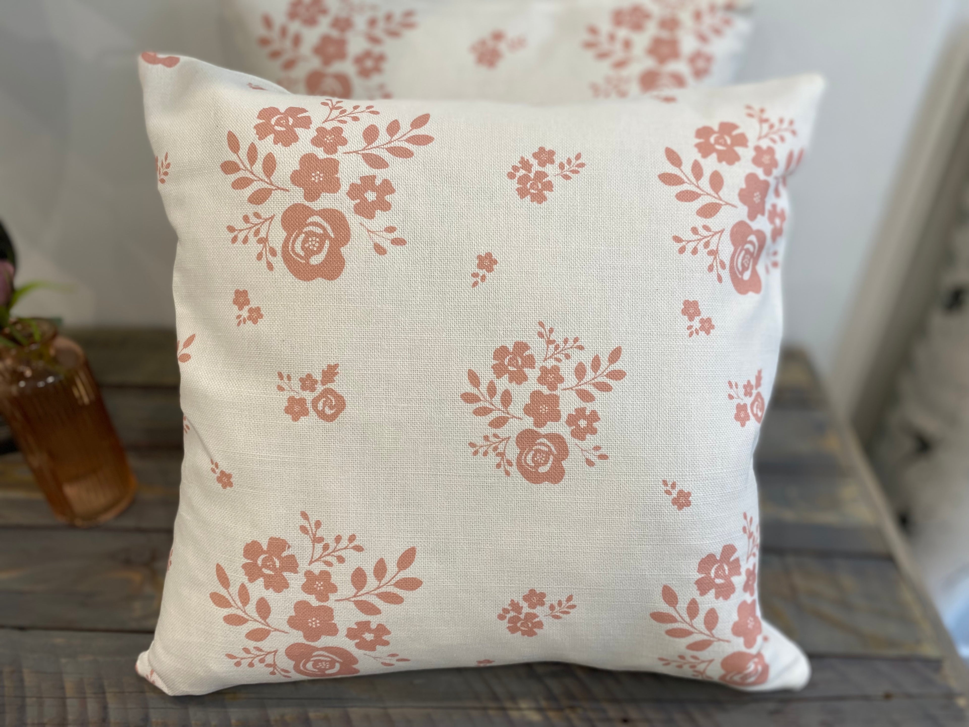 Cushion Cover - Linen & Rose Damson Mid Pink on White - 36cm x 36cm