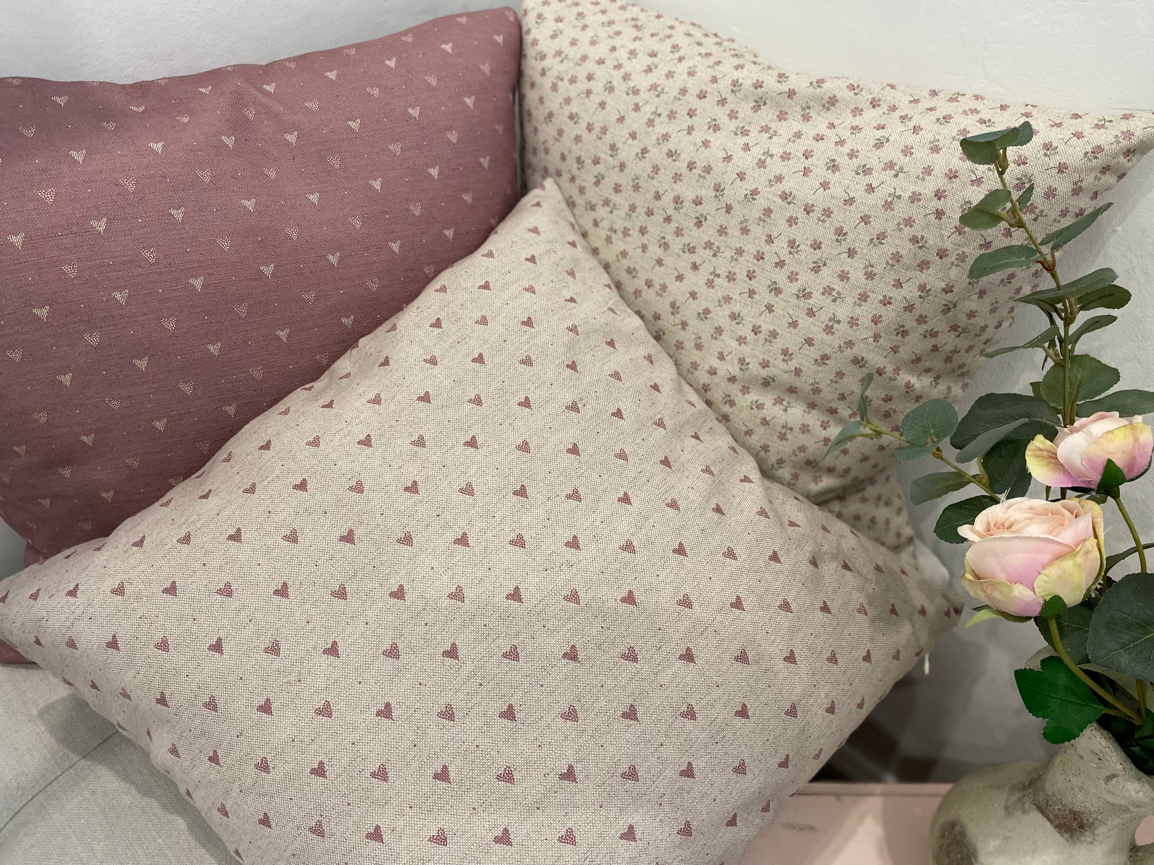 Cushion Cover - Linen and Rose - Hearts foxglove on natural linen 45cm