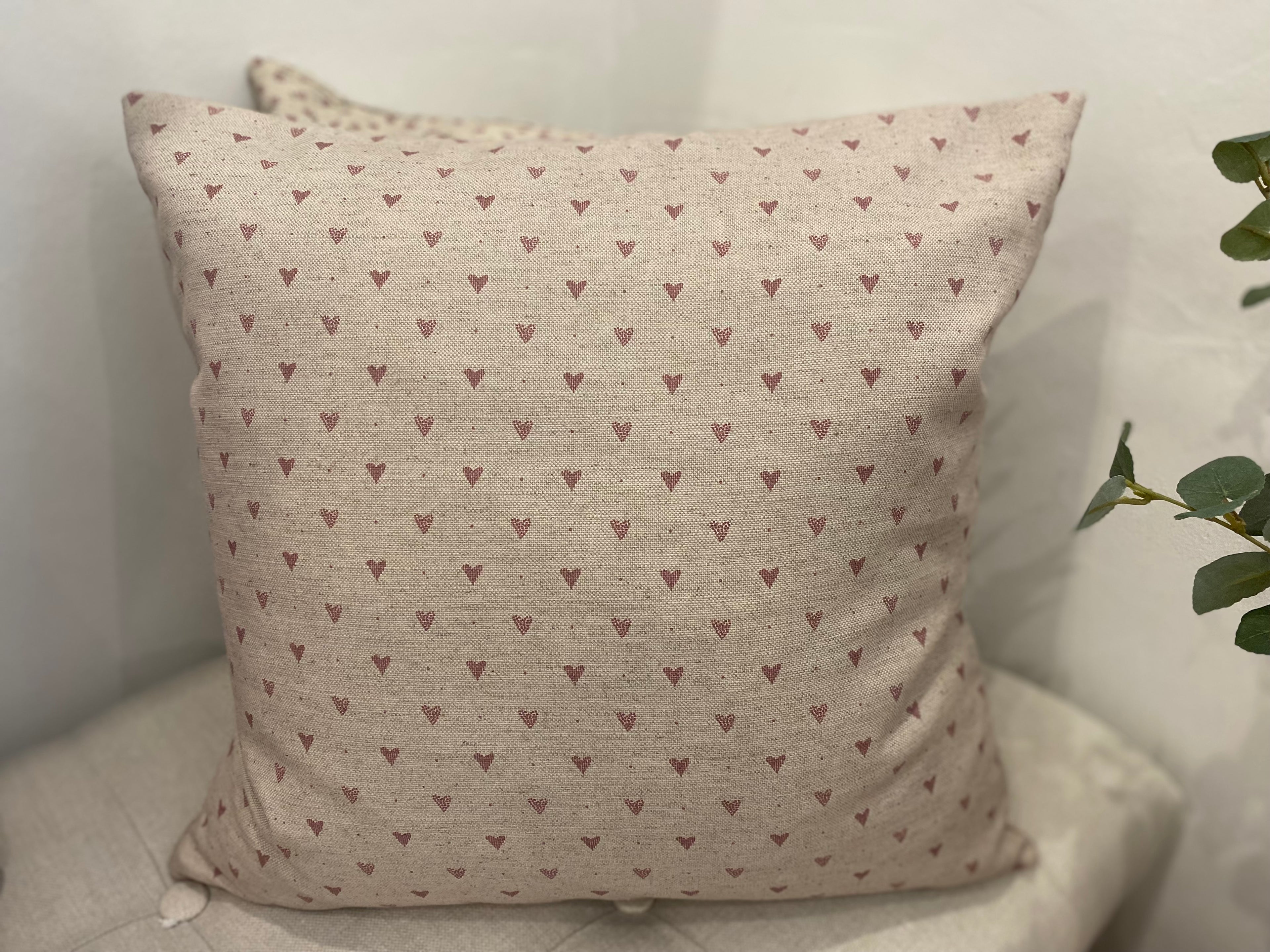 Cushion Cover - Linen and Rose - Hearts foxglove /snow on natural linen 45cm