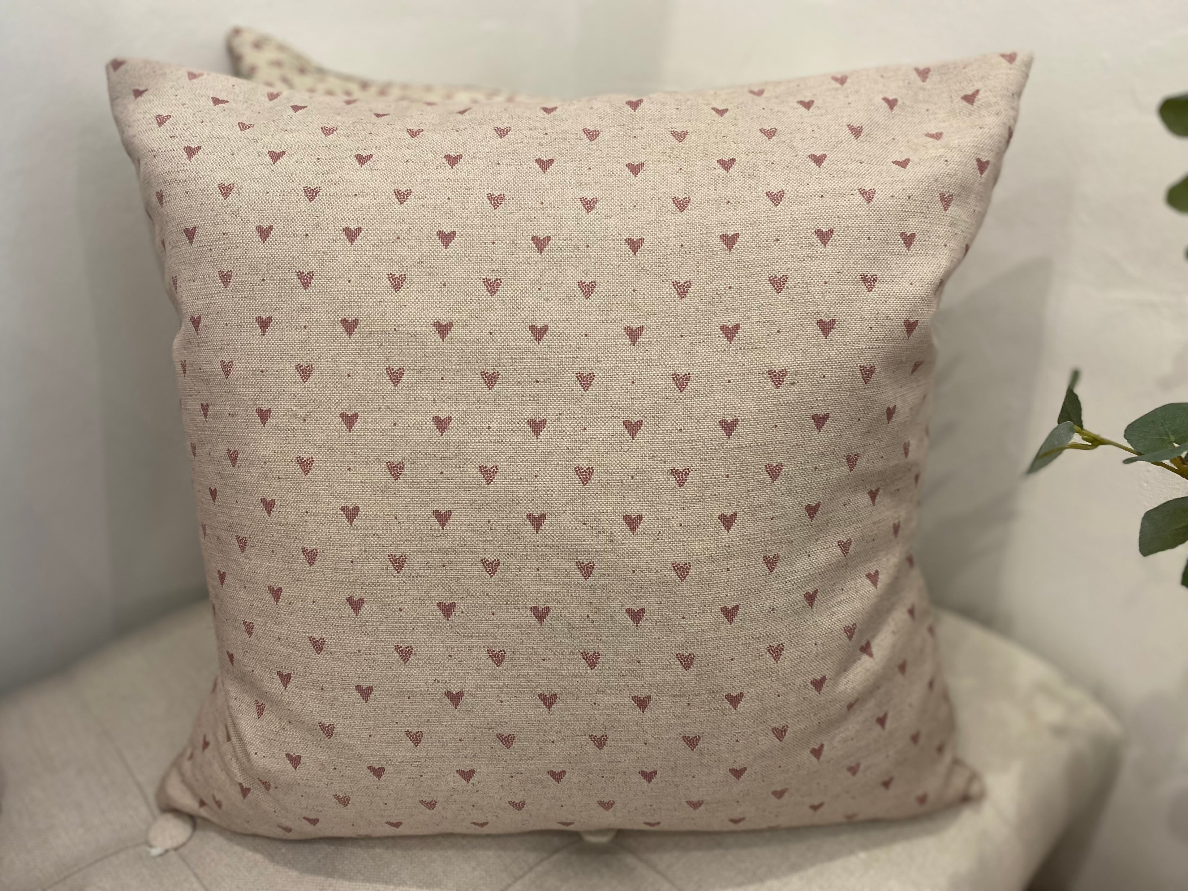 Cushion Cover - Linen and Rose - Hearts foxglove /snow on natural linen 45cm