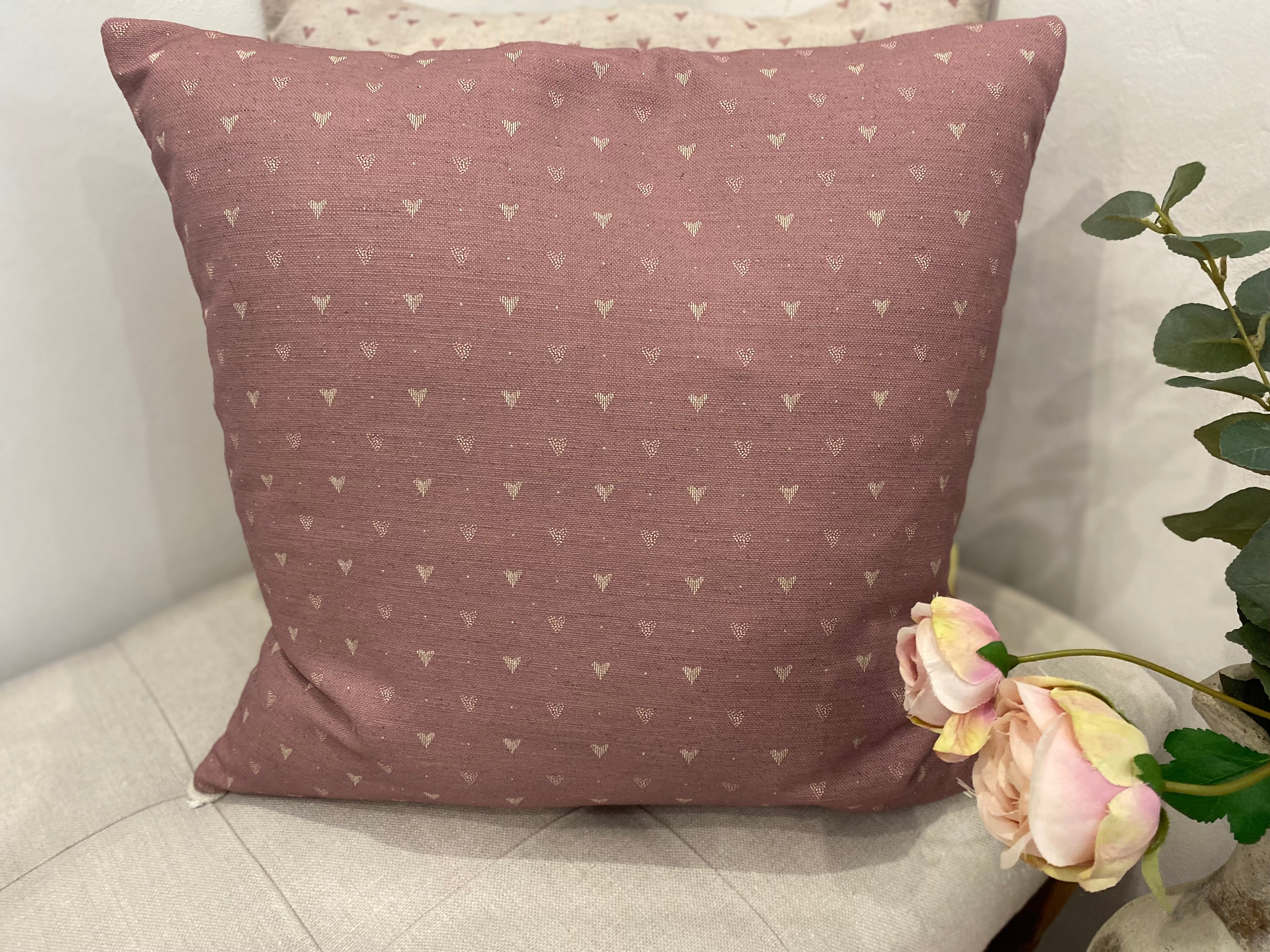 Cushion Cover - Linen and Rose - Hearts foxglove on natural linen 45cm