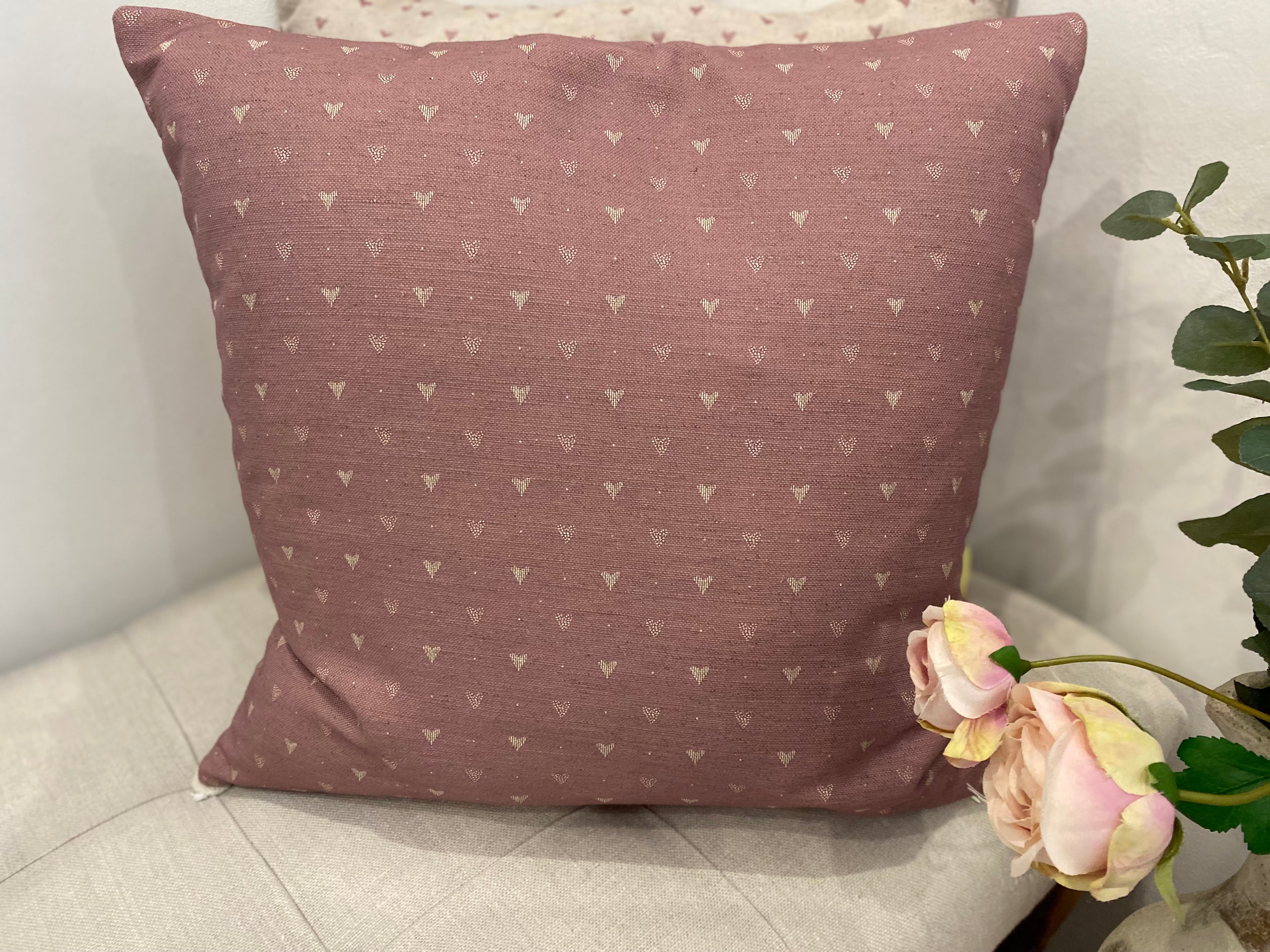 Cushion Cover - Linen and Rose - Hearts foxglove on natural linen 45cm
