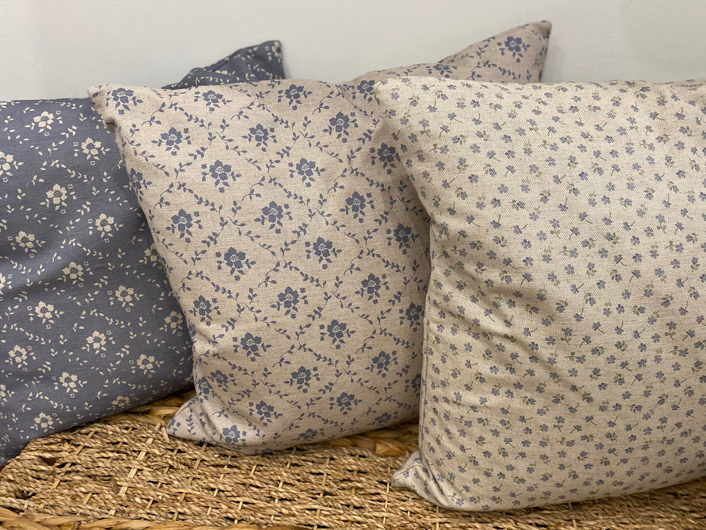 Cushion Cover - Linen and Rose - Hearts Denim ice on natural linen 45cm