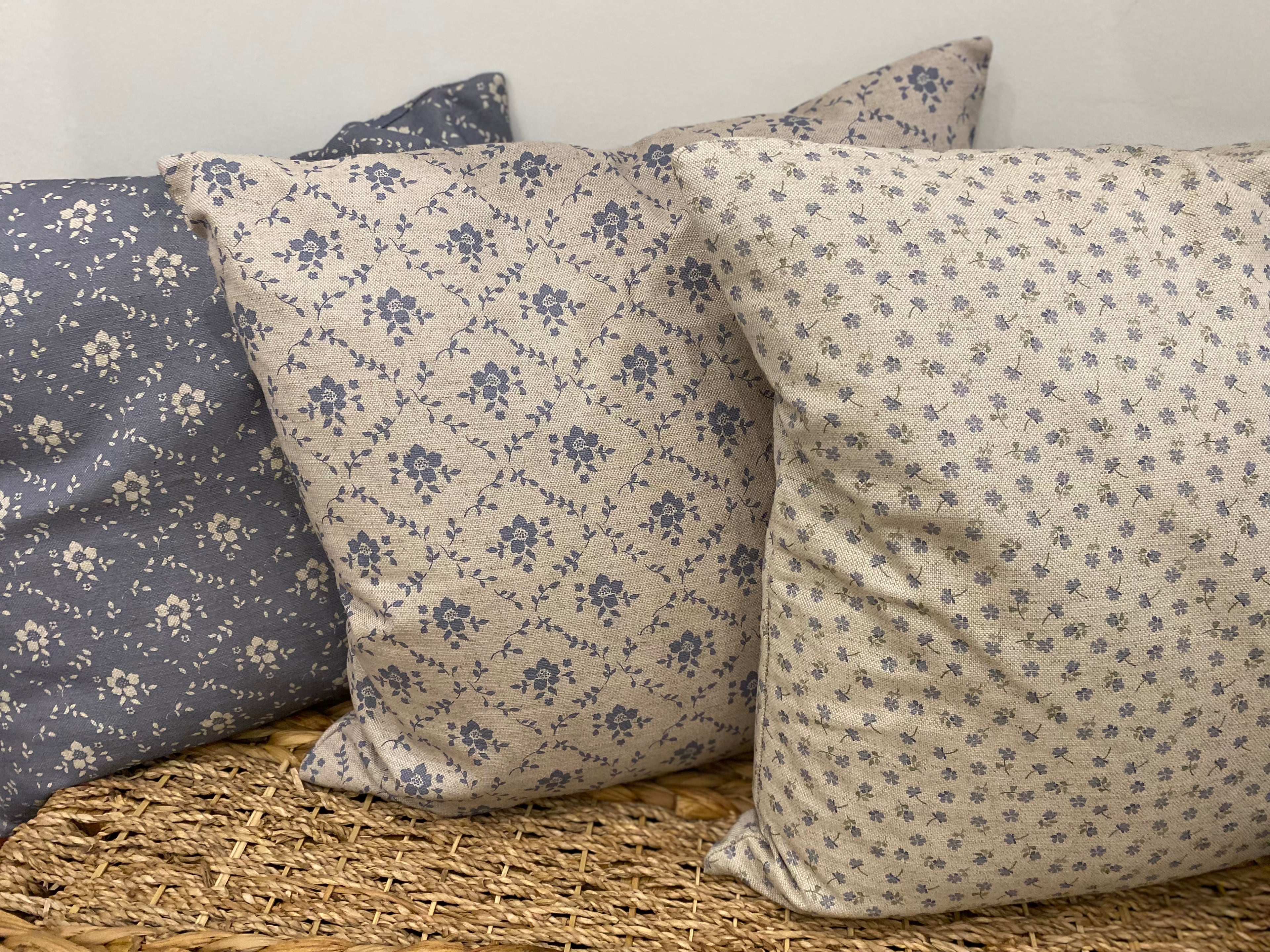 Cushion Cover - Linen and Rose - Hearts Denim ice on natural linen 45cm