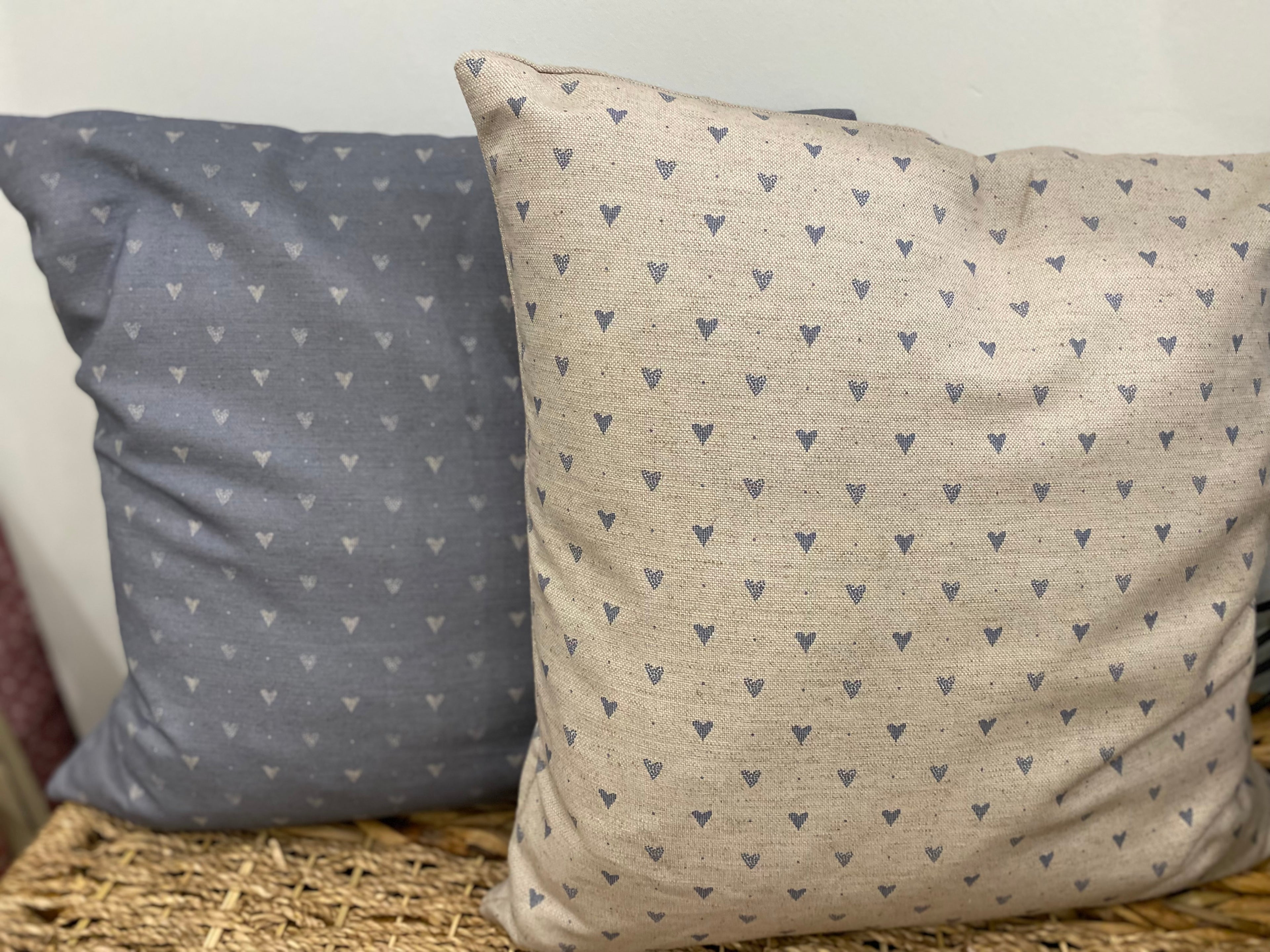 Cushion Cover - Linen and Rose - Hearts Denim on natural linen 45cm
