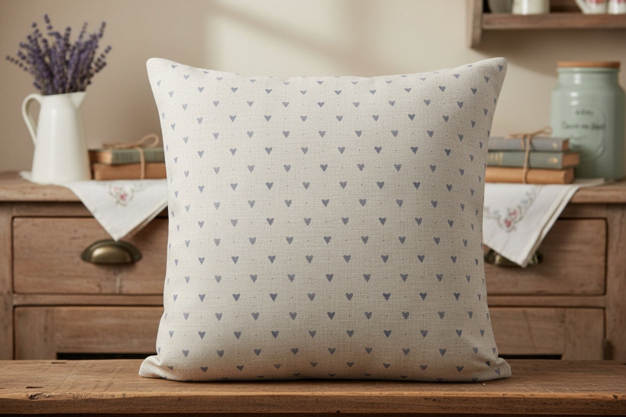 Cushion Cover - Linen and Rose - Hearts Denim ice on natural linen 45cm
