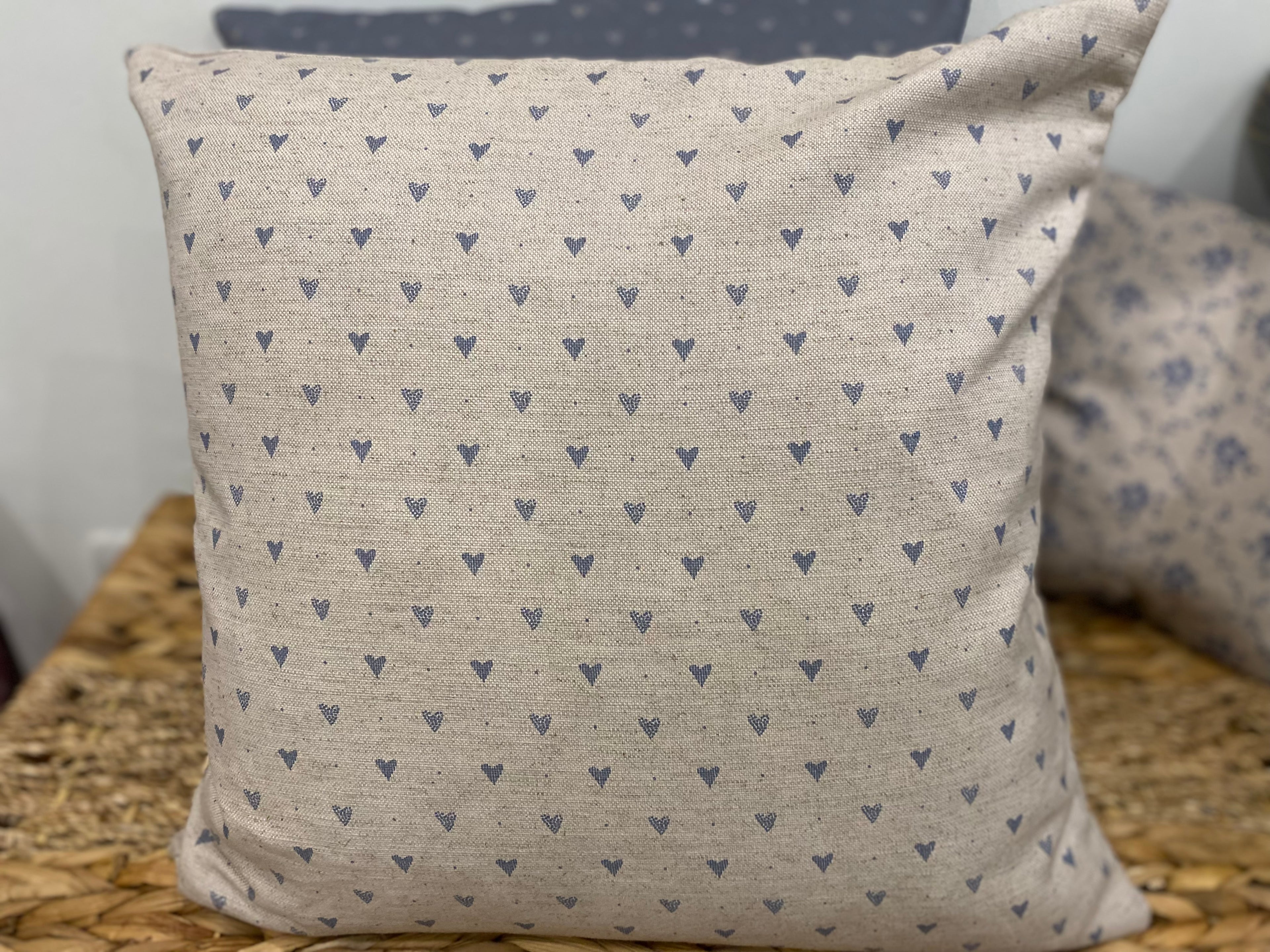 Cushion Cover - Linen and Rose - Hearts Denim ice on natural linen 45cm