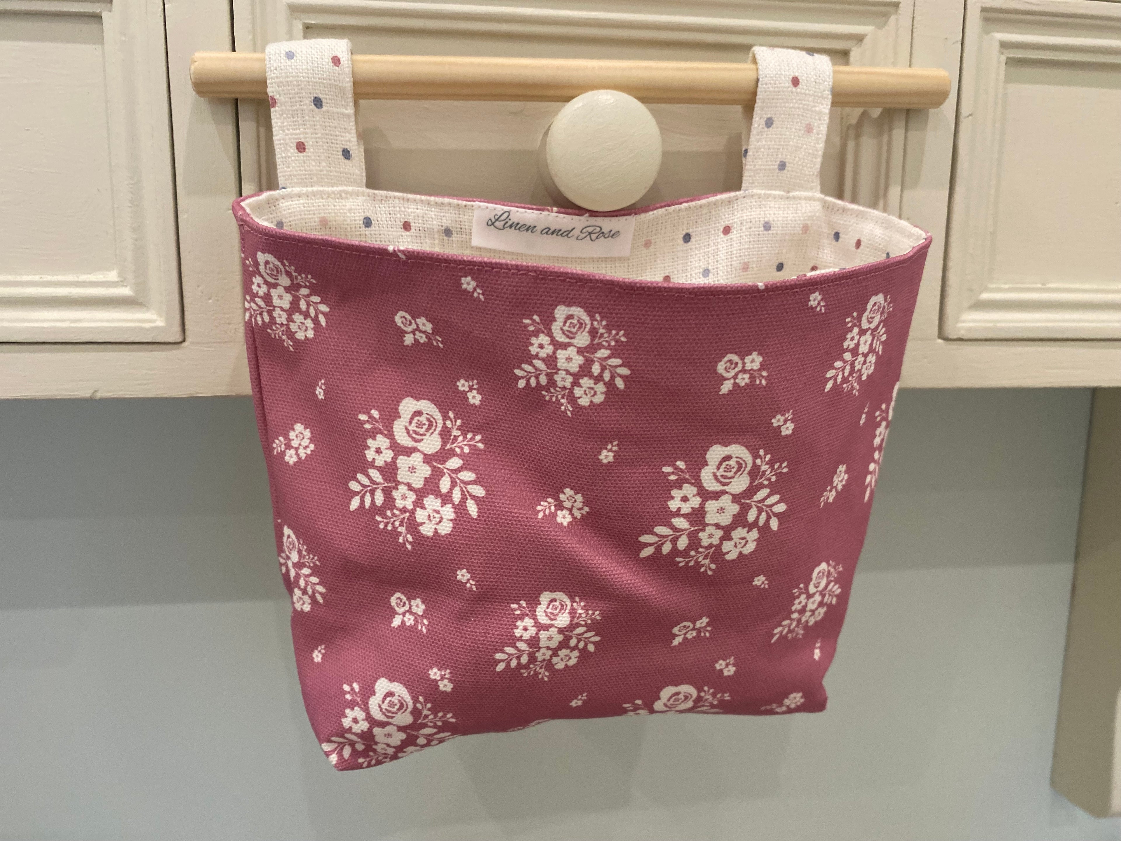 Hanging Fabric Basket - Linen & Rose Damson  - Deep Rose & Multi spot