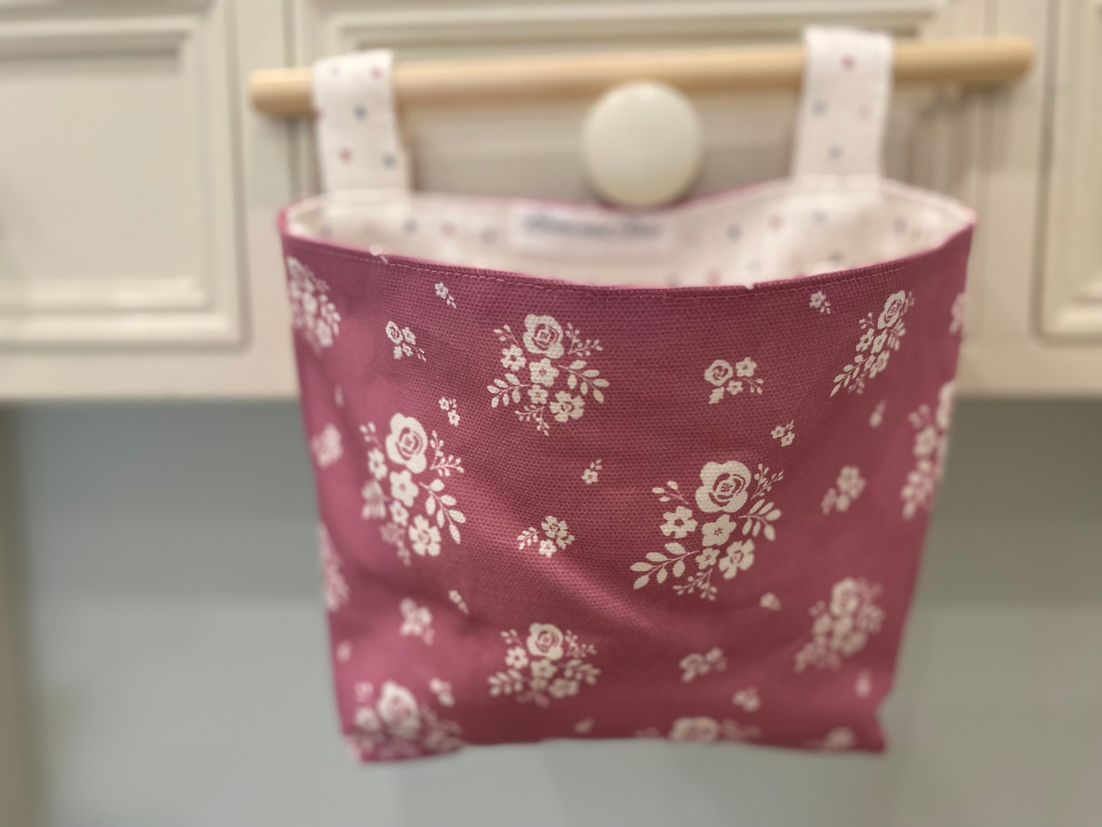 Hanging Fabric Basket - Linen & Rose Damson  - Deep Rose & Multi spot