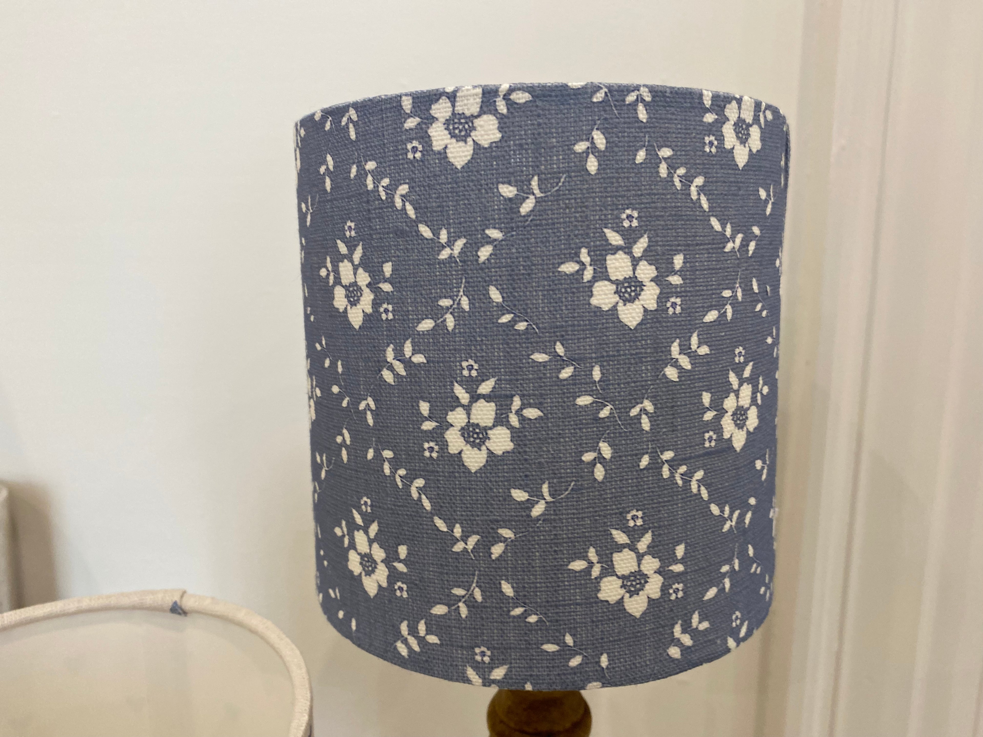 Lampshade - Linen and Rose Emilia Denim on White linen - 15cm drum