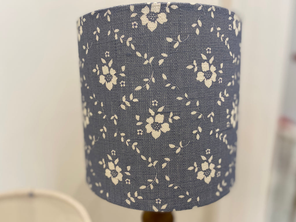 Lampshade - Linen and Rose Emilia Denim on White linen - 15cm drum