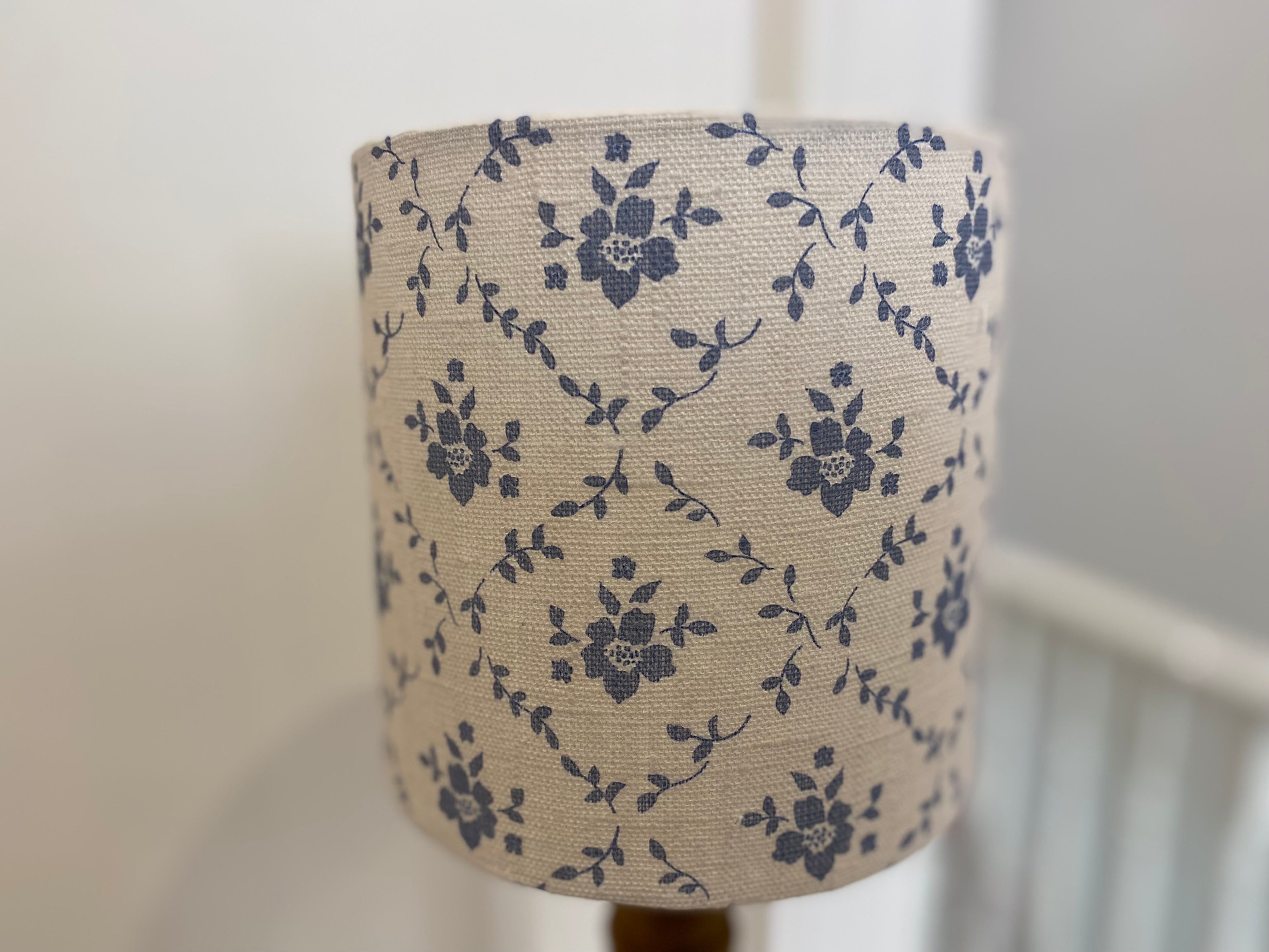 Lampshade - Linen and Rose Emilia Denim on white linen - 15cm drum