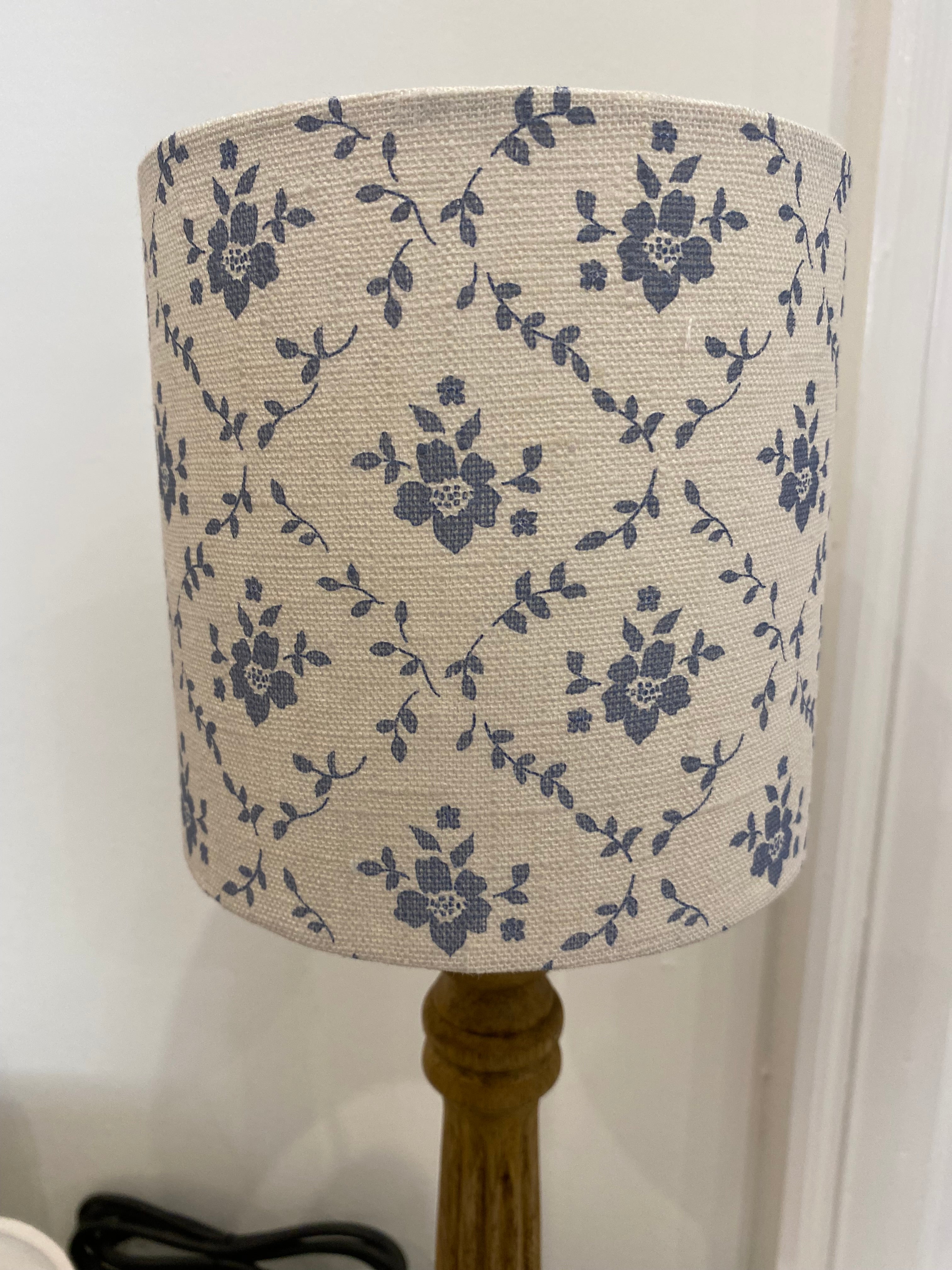 Lampshade - Linen and Rose Emilia Denim on white linen - 15cm drum