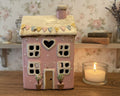 Tea light holder - Pretty Pink double story cottage