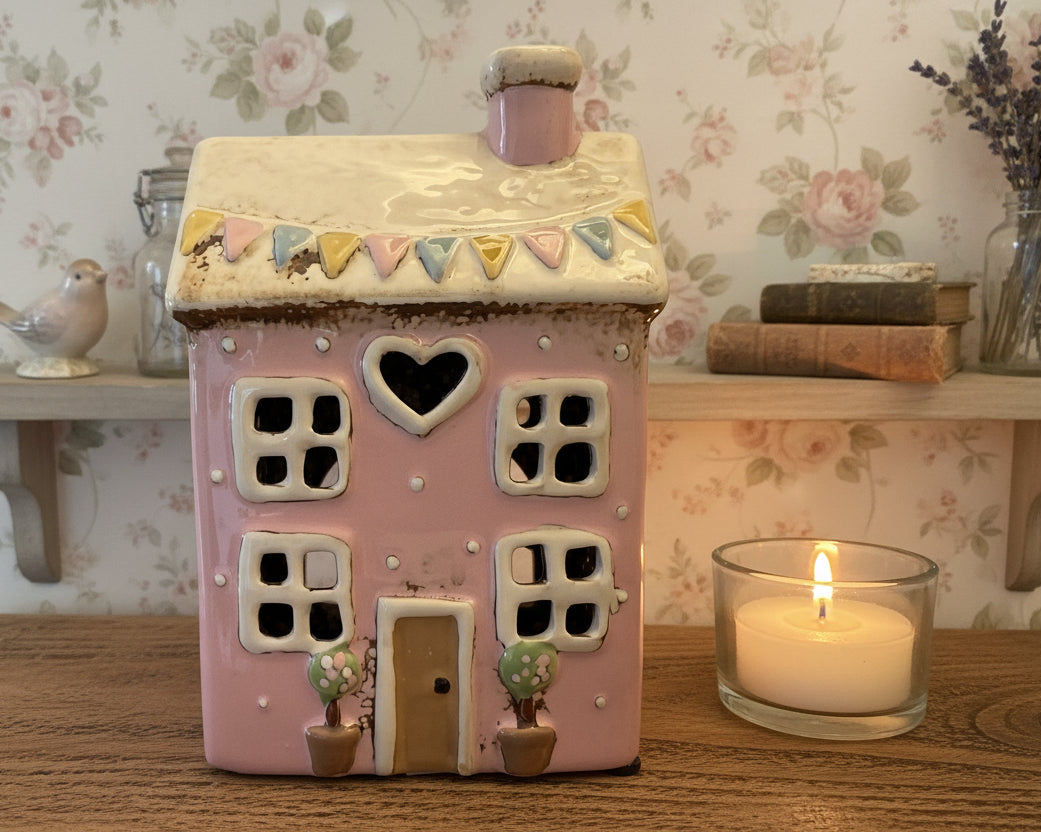 Tea light holder - Pretty Pink double story cottage