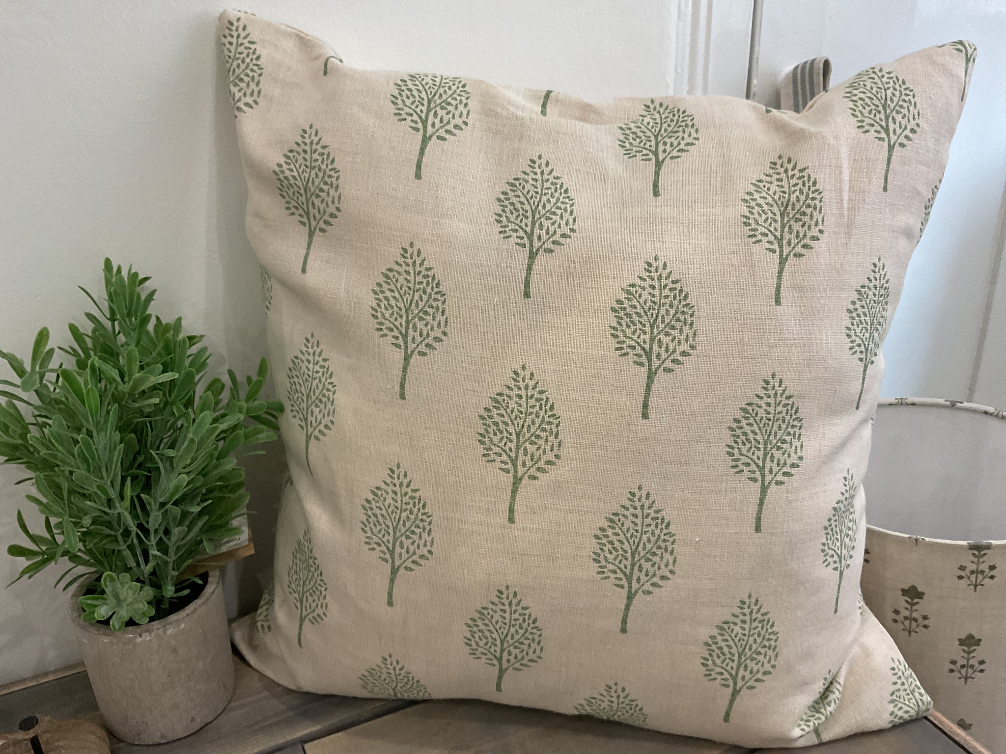 Cushion Cover Peony and Sage Indian Tree Green on stone linen 45cm Linen and Rose