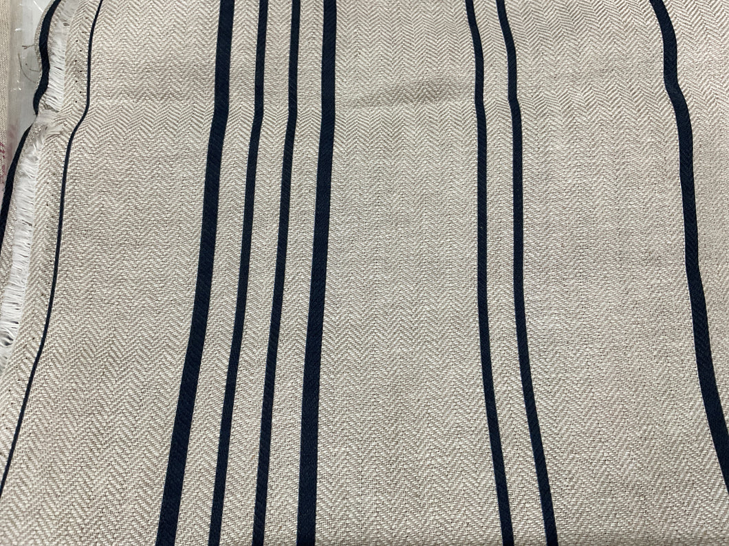 Fabric Remnant - Peony & Sage indigo blue Ticking Stripe linen