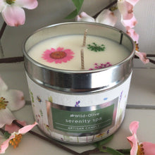 Load image into Gallery viewer, Serenity Spa Artisan Candle tin with pressed flowers - Wild Olive
