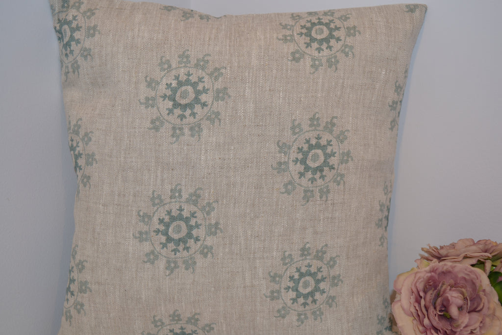 Cushion Cover - Peony and Sage Litik Teak on Dune linen - 36cm x 36 cm