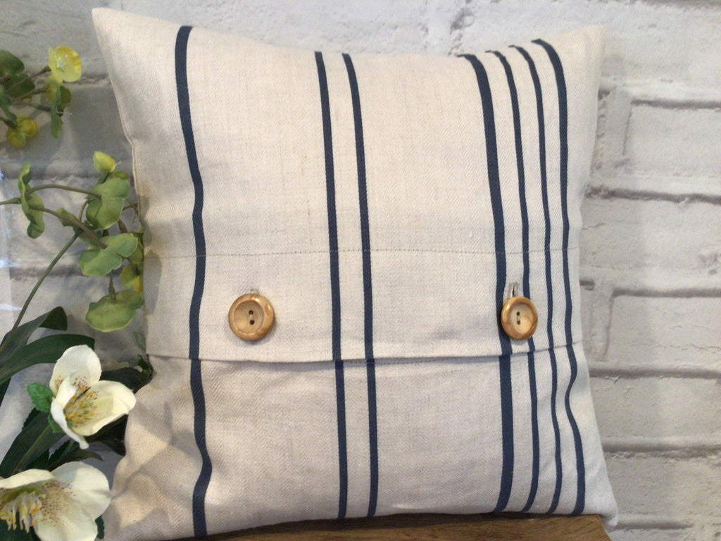 Cushion Cover - Peony & Sage Blue ticking stripe - 32cm x 32cm