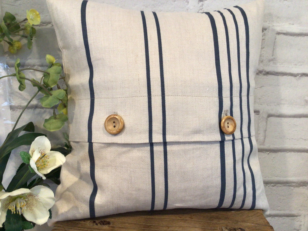 Cushion Cover - Peony & Sage Blue ticking stripe - 32cm x 32cm