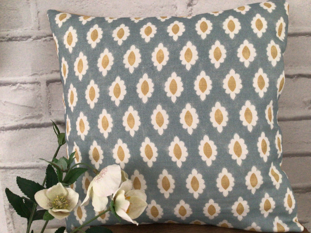 Cushion Cover - Peony & Sage - Ida and stripe blue and hay - 32cm x 32cm