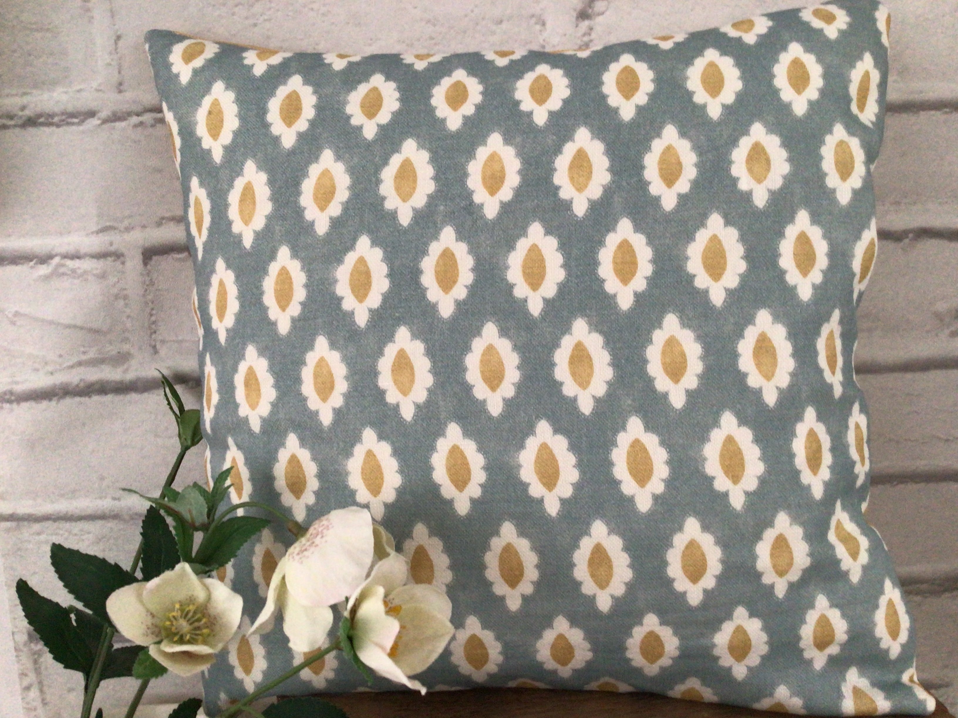 Cushion Cover - Peony & Sage - Ida and stripe blue and hay - 32cm x 32cm