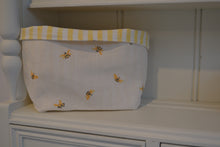 Load image into Gallery viewer, Fabric Basket - Peony and Sage Honey Bee with a bright yellow and white stripe lining
