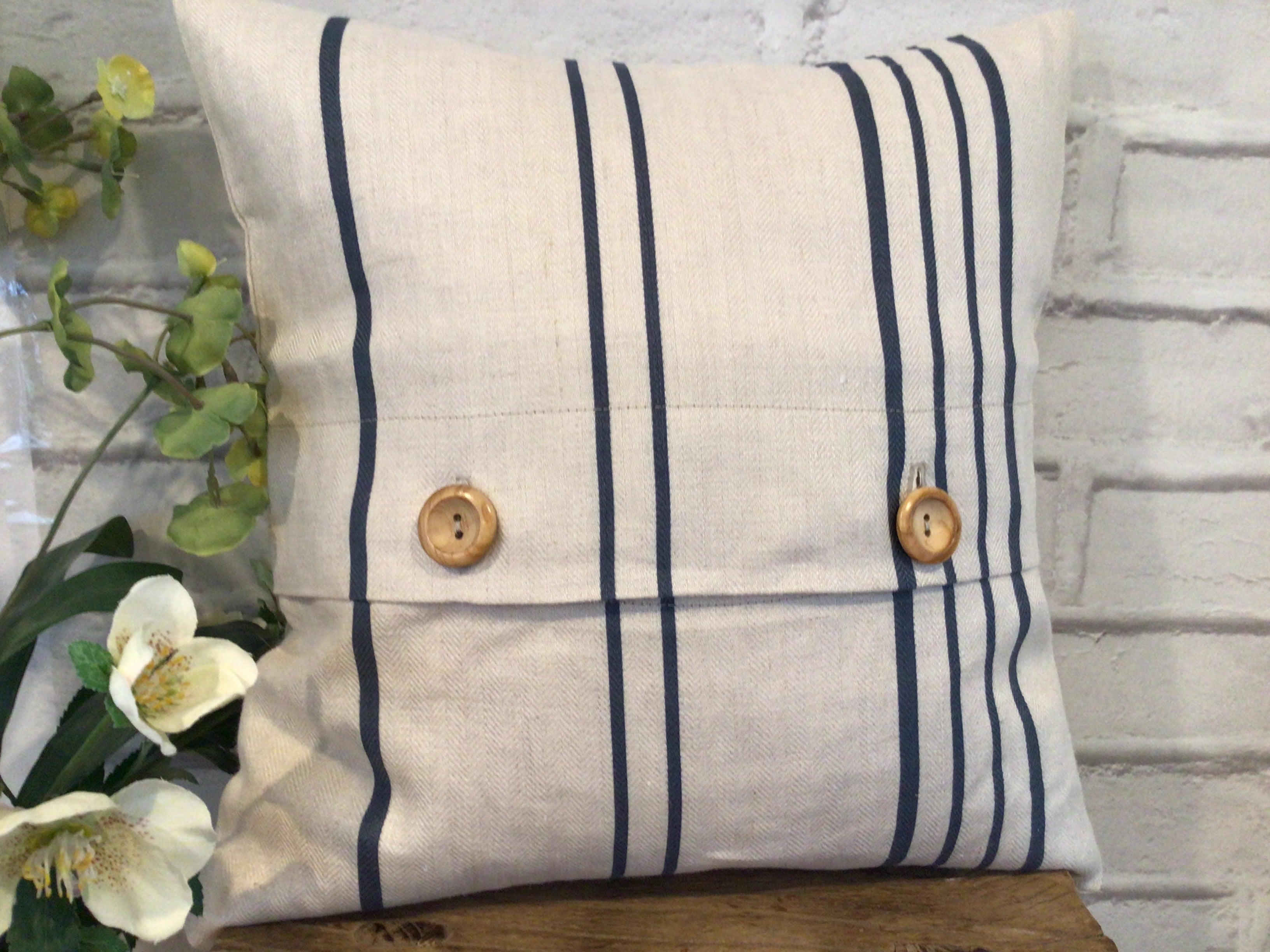 Cushion Cover - Peony & Sage Blue ticking stripe - 32cm x 32cm