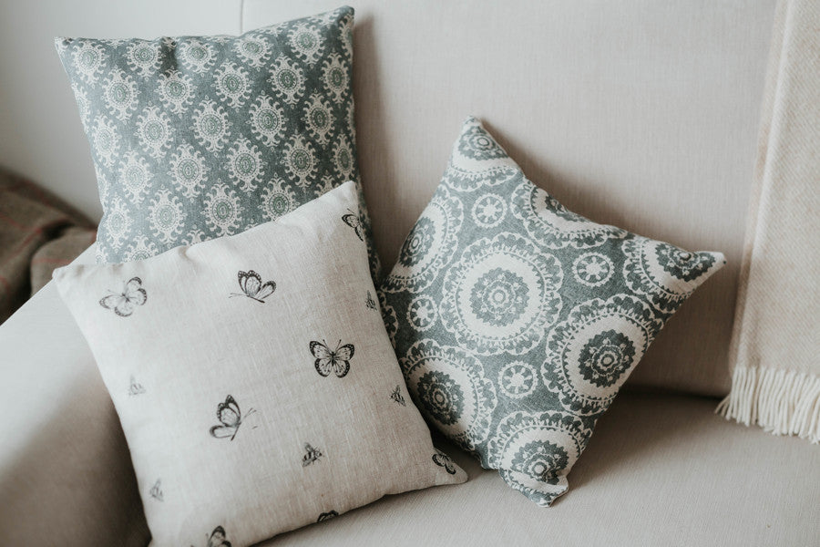 Cushion Cover - Peony and Sage Butterfly and Bee dune linen - 36cm x 36 cm