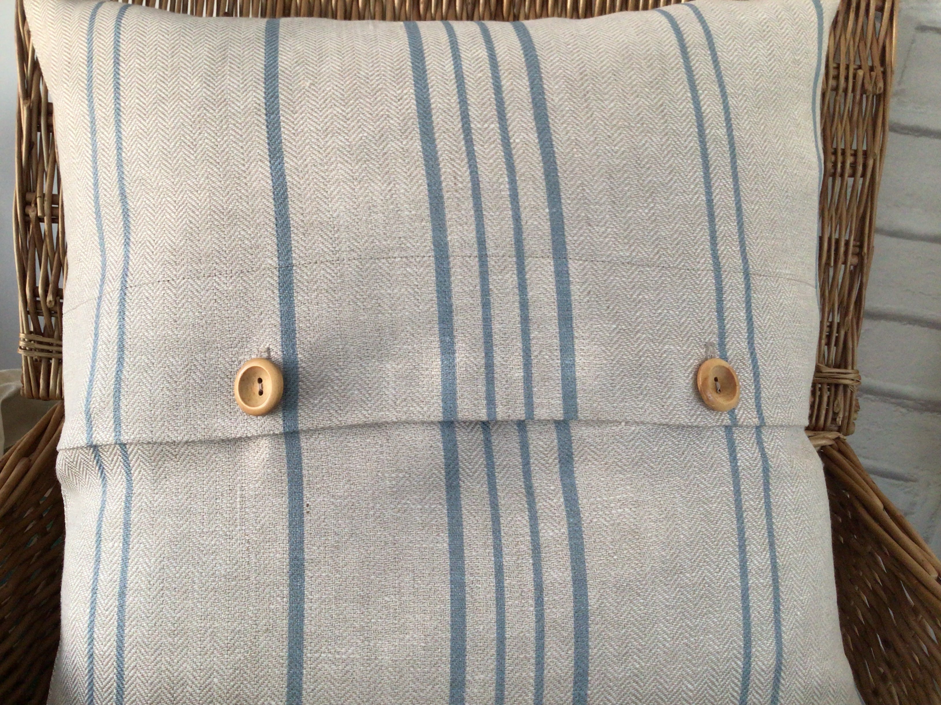 Cushion Cover - Peony and Sage- Ticking stripe blue on stone 45cm x 45cm