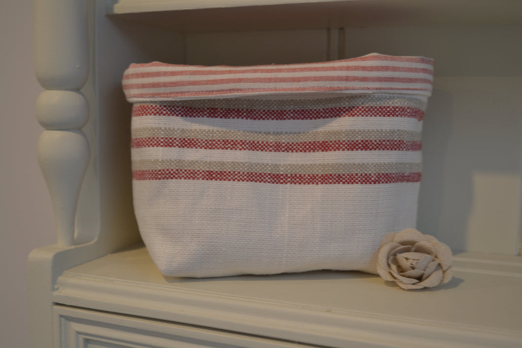 Fabric Basket - Red and white Grain sack by Ian Mankin - 6”x3.5”x5.5”