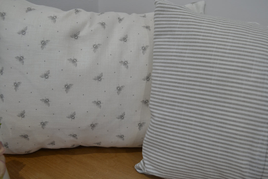 Cushion Cover - Peony and Sage Grey Bee with cotton stripe reverse - 30cmx 40cm