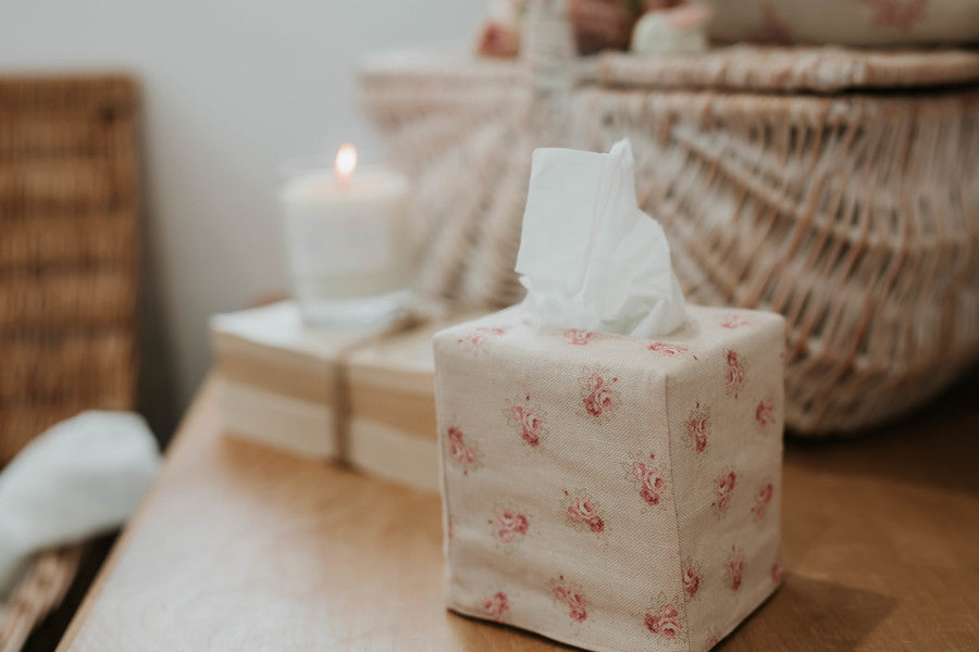 Tissue Box cover - Peony and Sage Posies linen - Cashmere