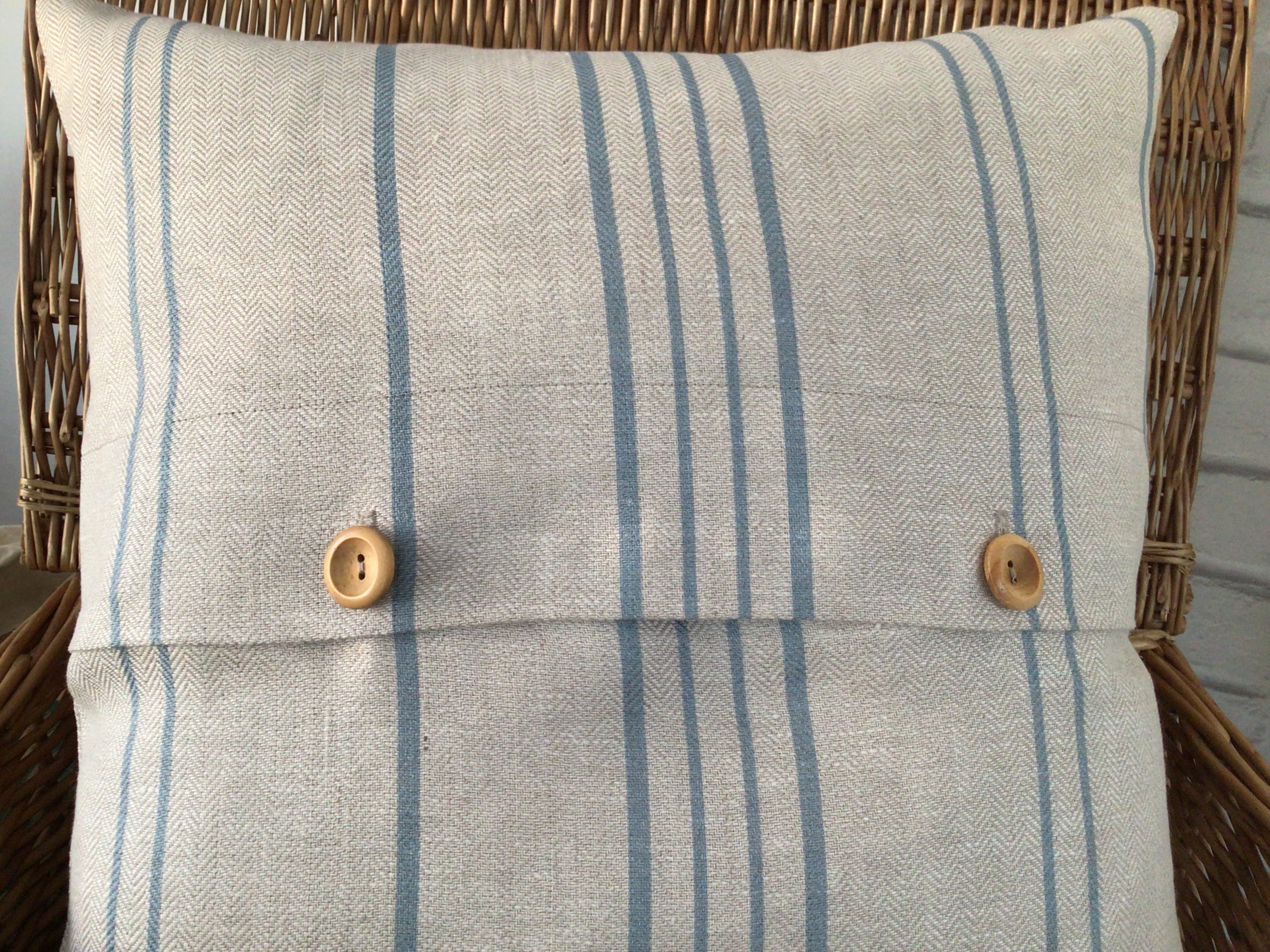 Cushion Cover - Peony and Sage- Ticking stripe blue on stone 45cm x 45cm