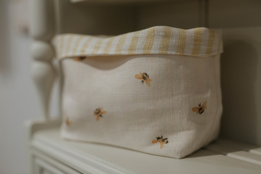 Fabric Basket - Peony and Sage Honey Bee with a bright yellow and white stripe lining